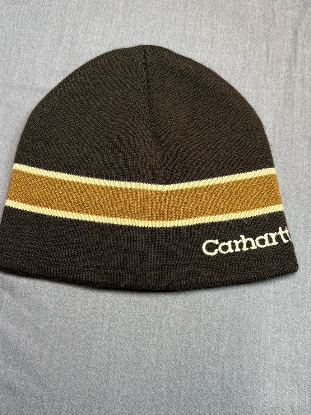 Vintage Y2K Boys Carhartt Brown Beanie with Gold and Cream Stripe